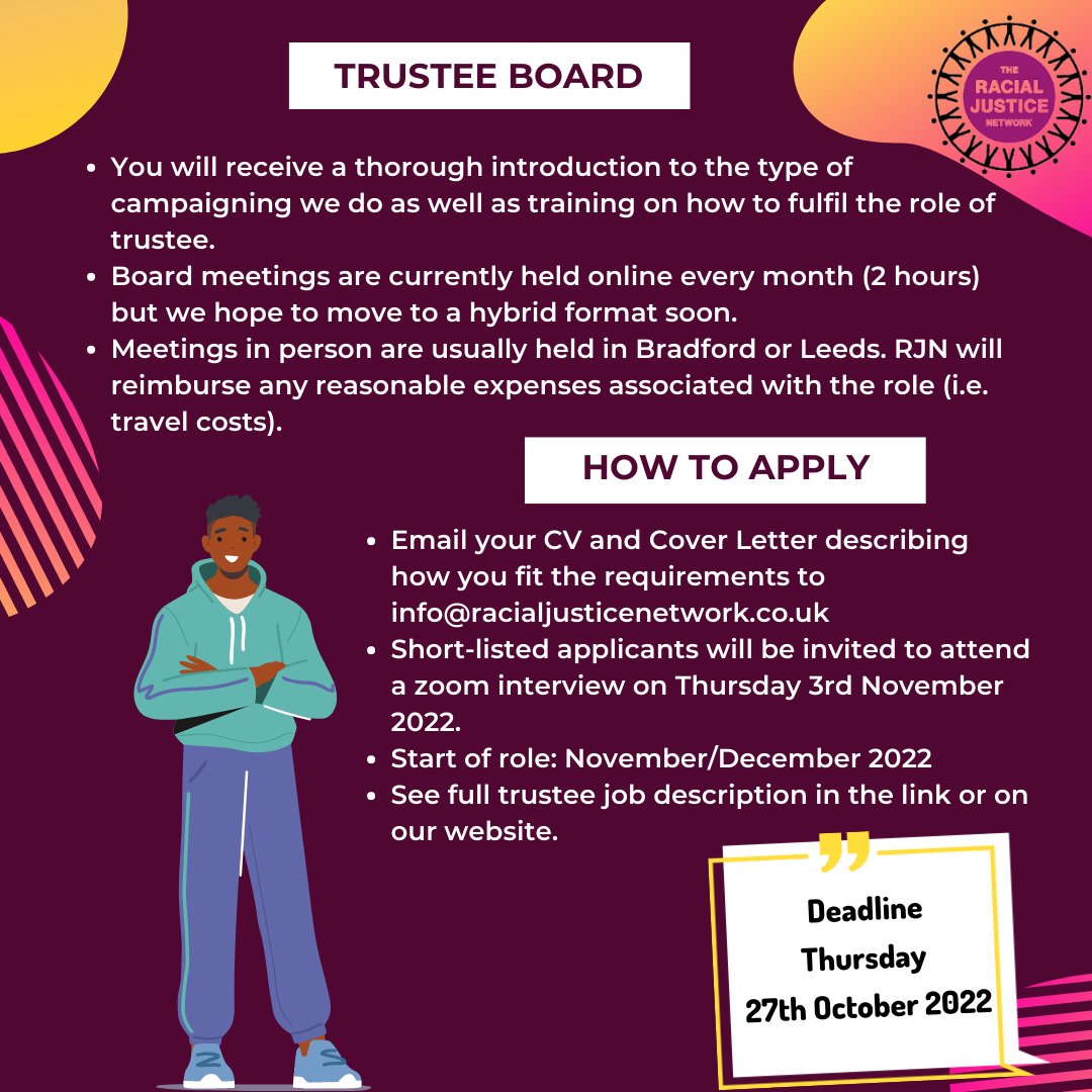 RaceJustice's tweet photo. Last day to apply to become a member of our Trustee Board.
If you're interested in joining our network or know someone who maybe interested, please send your CV and cover letter  to info@racialjusticenetwork.co.uk https://t.co/8hCEqJLRKr