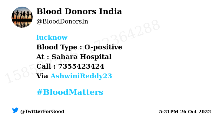 #Lucknow Need #Blood Type : O-positive Blood Component : platelets Number of Units : 2 Primary Number : 7355423424 Patient : Vishal Via: @AshwiniReddy23 #BloodMatters Powered by Twitter