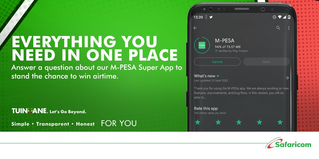 So many ways to use M-PESA! Tell us how many downloads we currently have on the M-PESA Super Apps, to stand the chance of winning! Each 20th subsequent reply using #Tuinuane #CustomerObsessionMonth will be awarded Ksh 1000 airtime (50 WINNERS)