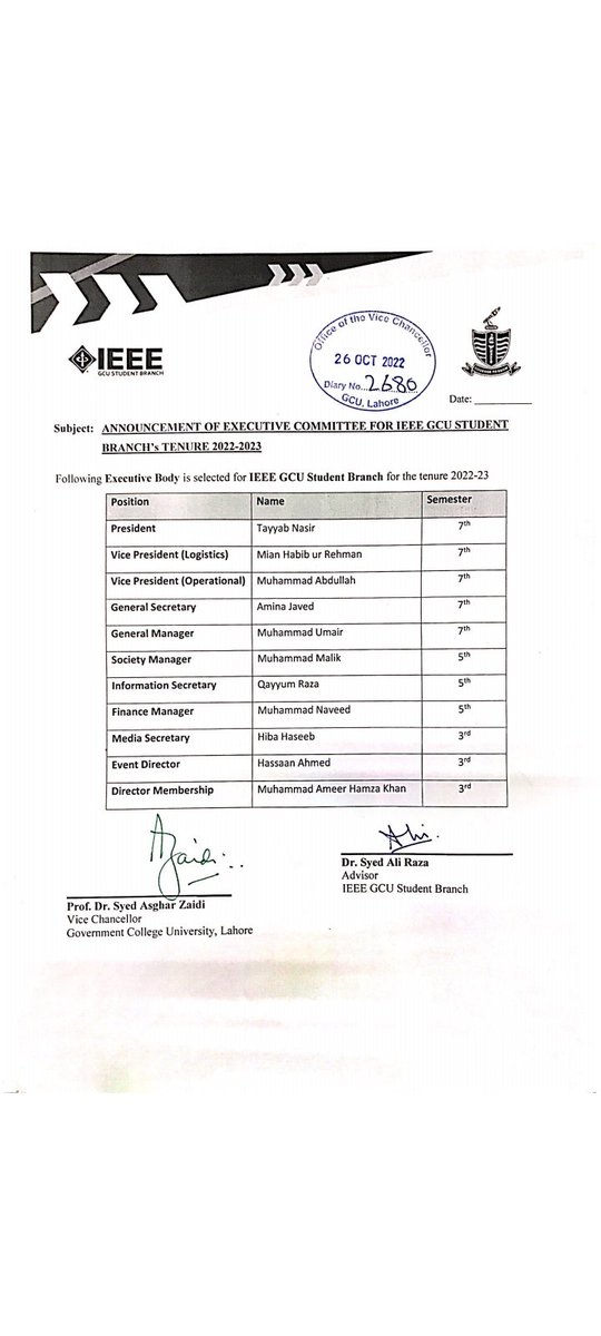 ieeegculhr's tweet photo. IEEE GCU Students Branch announcing their executive team for tenure 2022-2023. 

Best of luck to new executive members. 

We’ll be bringing you events full of knowledge and adventures in this year.

@zaidia

#IEEEGCU #GCUL #GC_University https://t.co/ZZve7tc40m