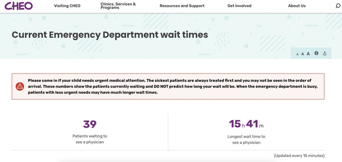 It's 7:57am. A parent and their sick child have been waiting in CHEO's ER since 4:16pm yesterday afternoon and have yet to be seen by an MD (actually likely since 2:30pm since time it takes to get triaged/registered not included)