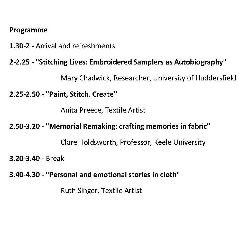 Here's our excellent programme featuring <a href="/CriminalQuilts/">Criminal Quilts</a>, <a href="/timehackcat/">Clare Holdsworth</a>, me, and Anita Preece, textile artist and contributor to <a href="/TheCovidChroni1/">The Covid Chronicle: a textiles community project.</a>