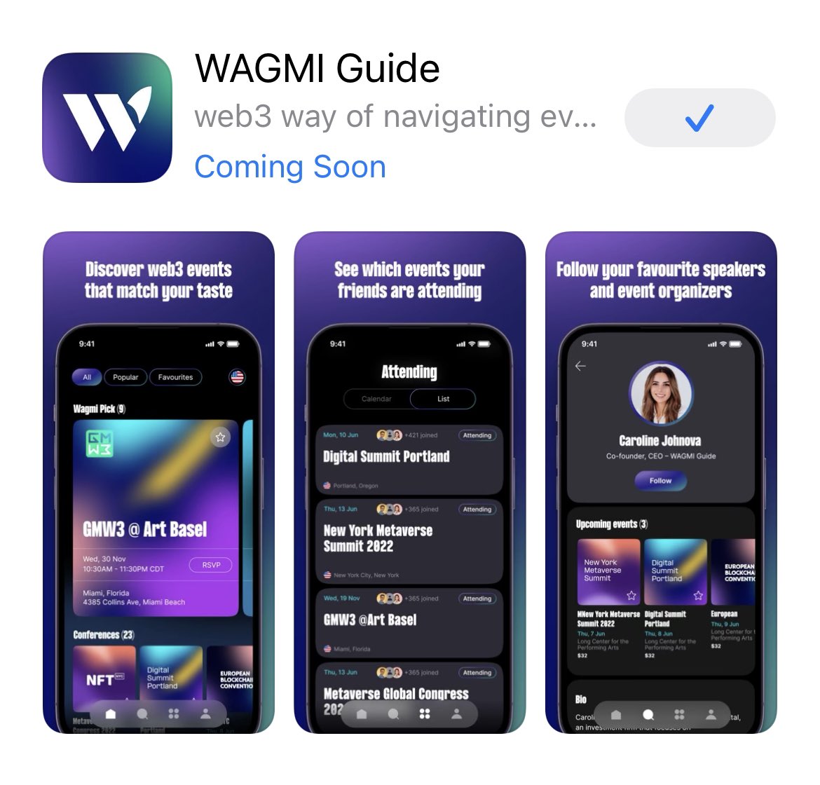 WagmiGuide's tweet photo. GM fam!
We are having a great one 🚀
Guess who got spotted in @AppStore this morning! 😎
Go check it out and pre-download the app 🙌🏽
#WAGMIguide #web3 #events #web3community #app #eventsapp https://t.co/X8n0sdxFds