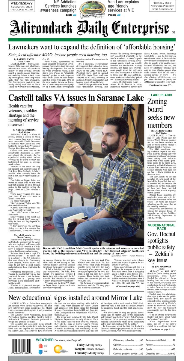 AdkEnterprise's tweet photo. Today's front page: Castelli talks VA issues in Saranac Lake. Lawmakers want to expand the definition of ‘affordable housing.' Lake Placid zoning board seeks new members. New educational signs installed around Mirror Lake.

Read more at https://t.co/XraBojPWuk https://t.co/kVUyvUVZyG