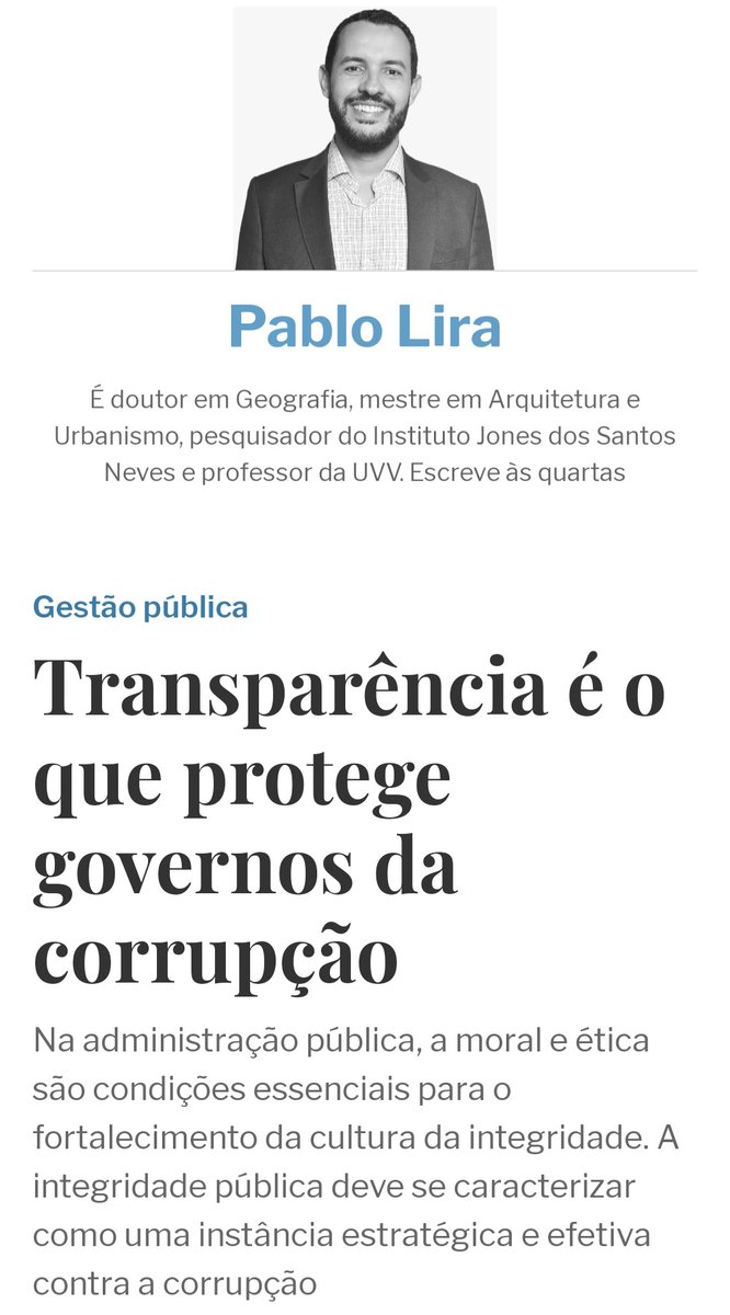 PabloSilvaLira's tweet photo. 📲 Artigo da coluna #pablolira em @agazetaes 

🏆 Em 2018, o ES estava em 8º lugar no ranking de avaliação “Brasil Transparente” da Controladoria Geral da União (CGU). Com a implementação do citado esforço conjunto do governo do estado, em 2020 o Espírito Santo alcançou...
🧶 https://t.co/uPAZJBTzWK