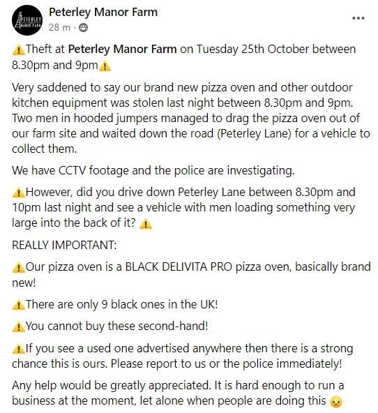CSBForum's tweet photo. Did you drive down Peterley Lane between 8.30pm and 10pm last night (25th) and see vehicle with men loading up something very large?
Theft of pizza oven from @Peterleyfarm Prestwood
BLACK DELIVITA PRO, only 9 black ones in UK.
Please #REPORT if you see it being offered. https://t.co/gxkpuunFGH