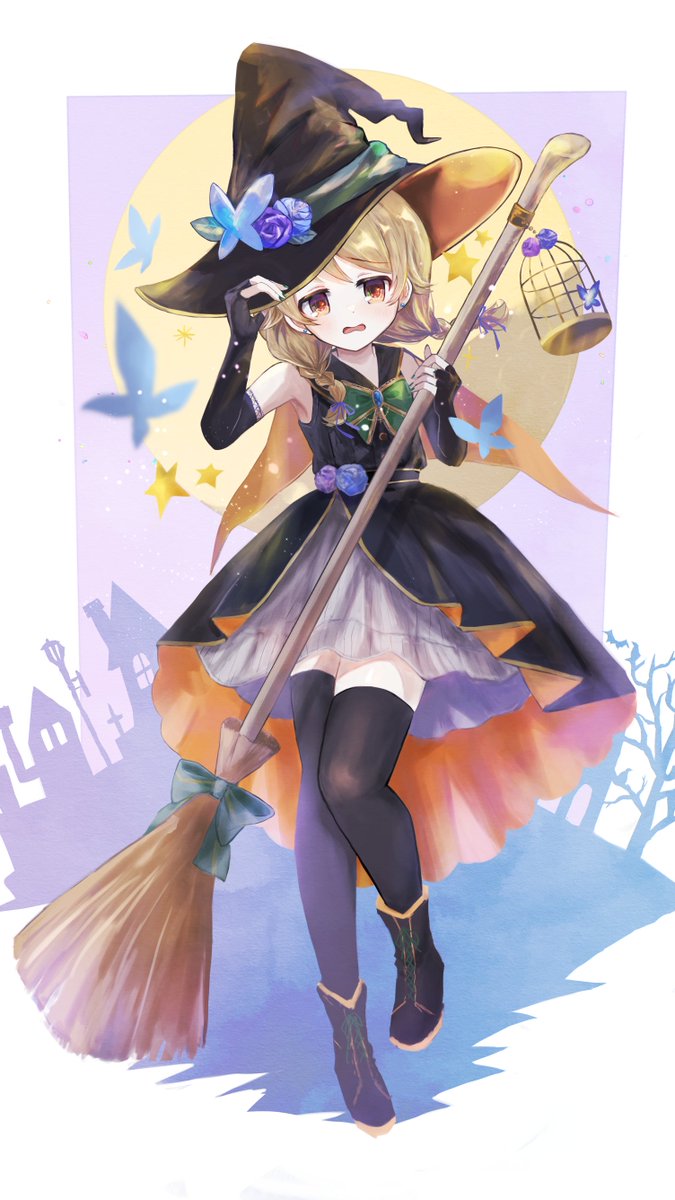morikubo nono 1girl hat solo thighhighs broom witch hat gloves  illustration images