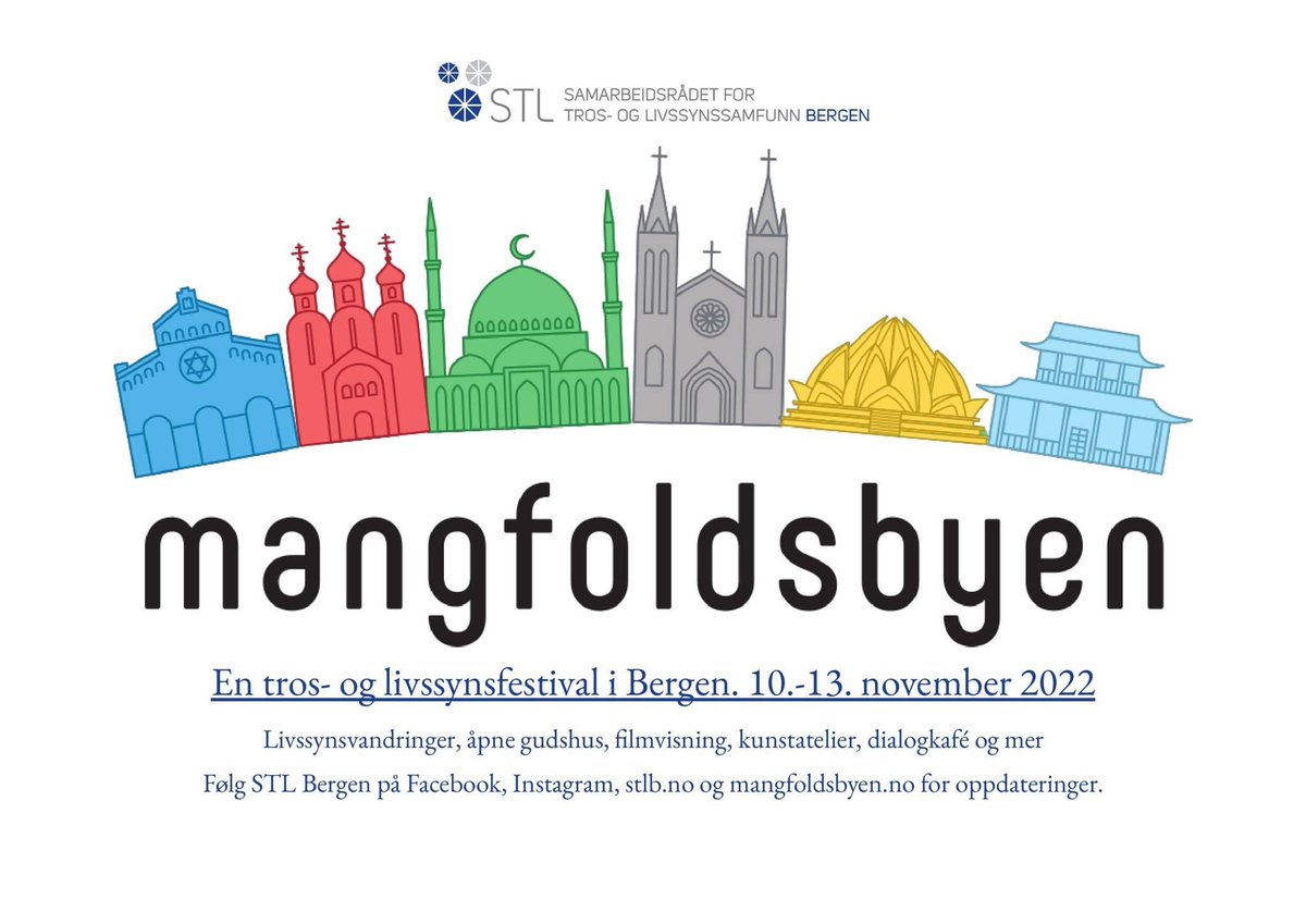 EmilPerron's tweet photo. Mangfoldsbyen er STL Bergens årlige festival, i samarbeid med Kirkelig dialogsenter, som feirer tros- og livssynsmangfoldet i byen⛰🌇⛰
Hjertelig velkommen til konsert, dialogkafé, maleriutstilling, åpne gudshus, kino og mer!☀️
Støttet av @bergenkommune 
https://t.co/8YgXUq1QVR https://t.co/sBWIsZ2HeE