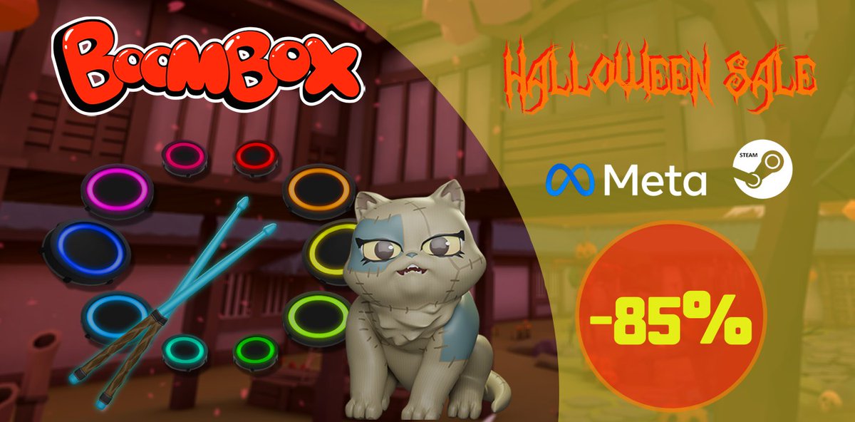 🎃Halloween SALE🎃 As promised, we released a SCARY Halloween sale on #Quest2 & #Steam Drum, Rock, Dance, and Exercise with @CatPupa 😻 New update is coming shortly! #VR #VRGame #indiedev #MetaQuest #SteamVR
