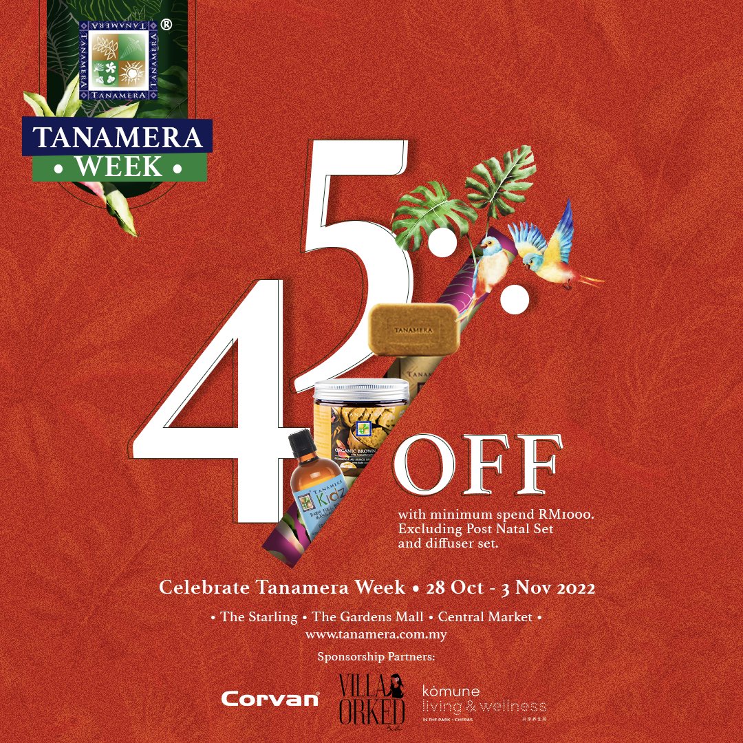 Shop 40% OFF Tanamera essentials AND for Tanamera lovers, this is your sign to stock up on your go-to Tanamera products! Spend RM1,000 and above and get 45% OFF all products except Post Natal & other sets. 
#TanameraMY #promotions #discounts #contest #personalcare #natural