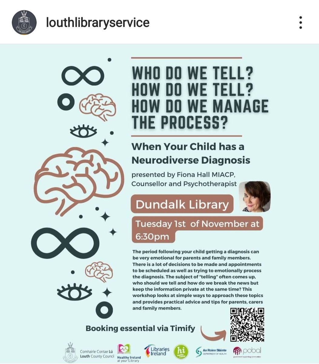 Super looking forward to presenting this workshop next week on #neurodiversity . As a psychotherapist and parent of a child with a double diagnosis, I understand how difficult it  can be after getting a diagnosis for your child. #Neurodiversity #Autism <a href="/NLIreland/">National Library of Ireland</a> <a href="/HealthyIreland/">HealthyIreland</a>