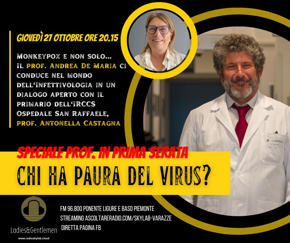 VJannacone's tweet photo. "Il Prof. in prima serata":speciale a cura di Andrea De Maria 
Dopo la consueta parentesi sul #Covid,parleremo di #monkeypox con la prof. Castagna,primario al San Raffaele
Ma non solo...date le ultime news e richieste, altri 2temi: poliomielite (nubi all’orizzonte?),#HIV e Usutu https://t.co/qxnLcbjGTg