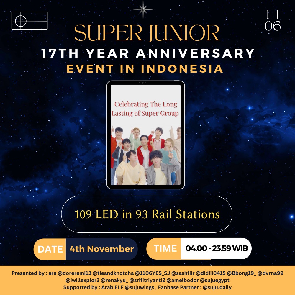 doreremi13's tweet photo. 𝗦𝗨𝗣𝗘𝗥 𝗝𝗨𝗡𝗜𝗢𝗥 𝟭𝟳𝗧𝗛 𝗔𝗡𝗡𝗜𝗩𝗘𝗥𝗦𝗔𝗥𝗬 𝗘𝗩𝗘𝗡𝗧

📆 4th Nov 22
93 Rail Stations in 13 Cities

📆 5th Nov 22
28 Unit LED, BSD CITY
Triangle LED, CPI Makassar

Please read the details on the pictures
@siwonchoi #SUPERJUNIOR #SUPERJUNIOR17THANNIVERSARY #슈퍼주니어 https://t.co/McdX4fitIF