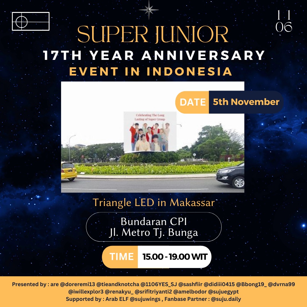 𝗦𝗨𝗣𝗘𝗥 𝗝𝗨𝗡𝗜𝗢𝗥 𝟭𝟳𝗧𝗛 𝗔𝗡𝗡𝗜𝗩𝗘𝗥𝗦𝗔𝗥𝗬 𝗘𝗩𝗘𝗡𝗧

📆 4th Nov 22
93 Rail Stations in 13 Cities

📆 5th Nov 22
28 Unit LED, BSD CITY
Triangle LED, CPI Makassar

Please read the details on the pictures
<a href="/siwonchoi/">Siwon Choi</a> #SUPERJUNIOR #SUPERJUNIOR17THANNIVERSARY #슈퍼주니어