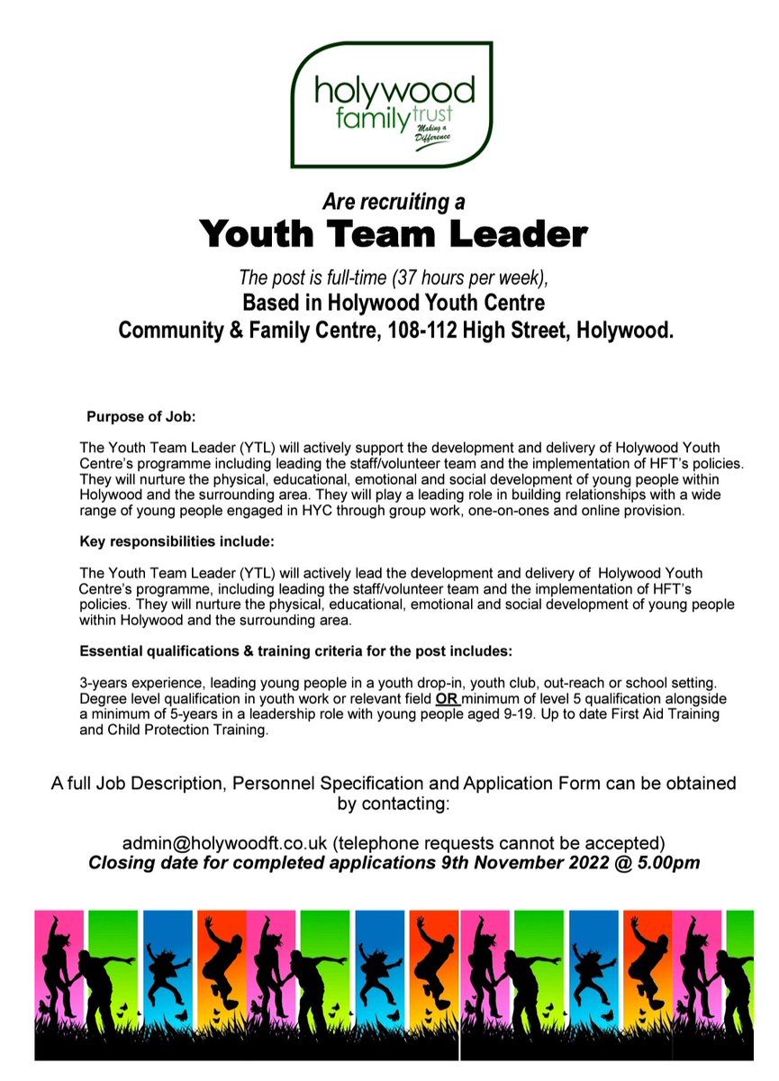 Job opportunity -

<a href="/Holywood_YC/">Holywood Youth Centre</a> are recruiting for a Youth Team Leader for their organisation. 
All details are below.
 <a href="/eayouthservice/">EA Youth Service</a> <a href="/Education_NI/">Education NI</a> <a href="/Ed_Authority/">Education Authority</a> <a href="/ETI_news/">Education and Training Inspectorate</a> <a href="/iloveywni/">I Love Youth Work</a> <a href="/UlsterUniCYW/">CommunityYouthWork</a>