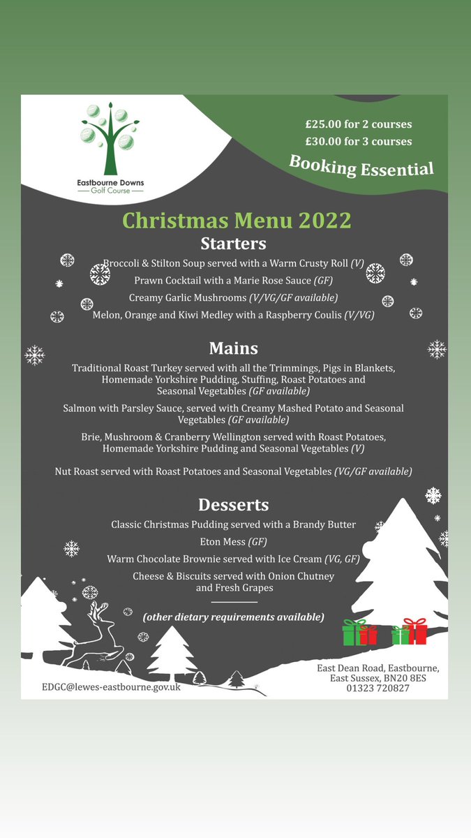 🎄 #Christmas at Eastbourne Downs 🎄

If you’re looking for somewhere to book your Christmas party or to celebrate with family or friends, we’ve got you covered!

(Not available Christmas Day or Boxing Day)

Book your table: 01323 720827 or email EDGC@lewes-eastbourne.gov.uk.