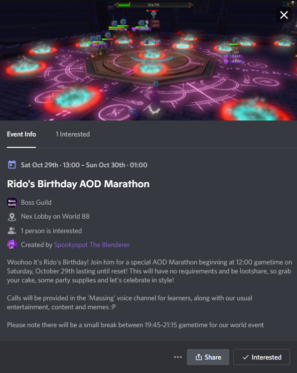 Woohoo it's Rido's Birthday soon! He's hosting a 12 hour AOD marathon on Sat 29th Oct starting at 12:00 gametime to celebrate! Check the image for all the details, and make sure to join our Discord to get notified about all of our events - Discord.gg/bossguild :) <a href="/RuneScape/">RuneScape</a>