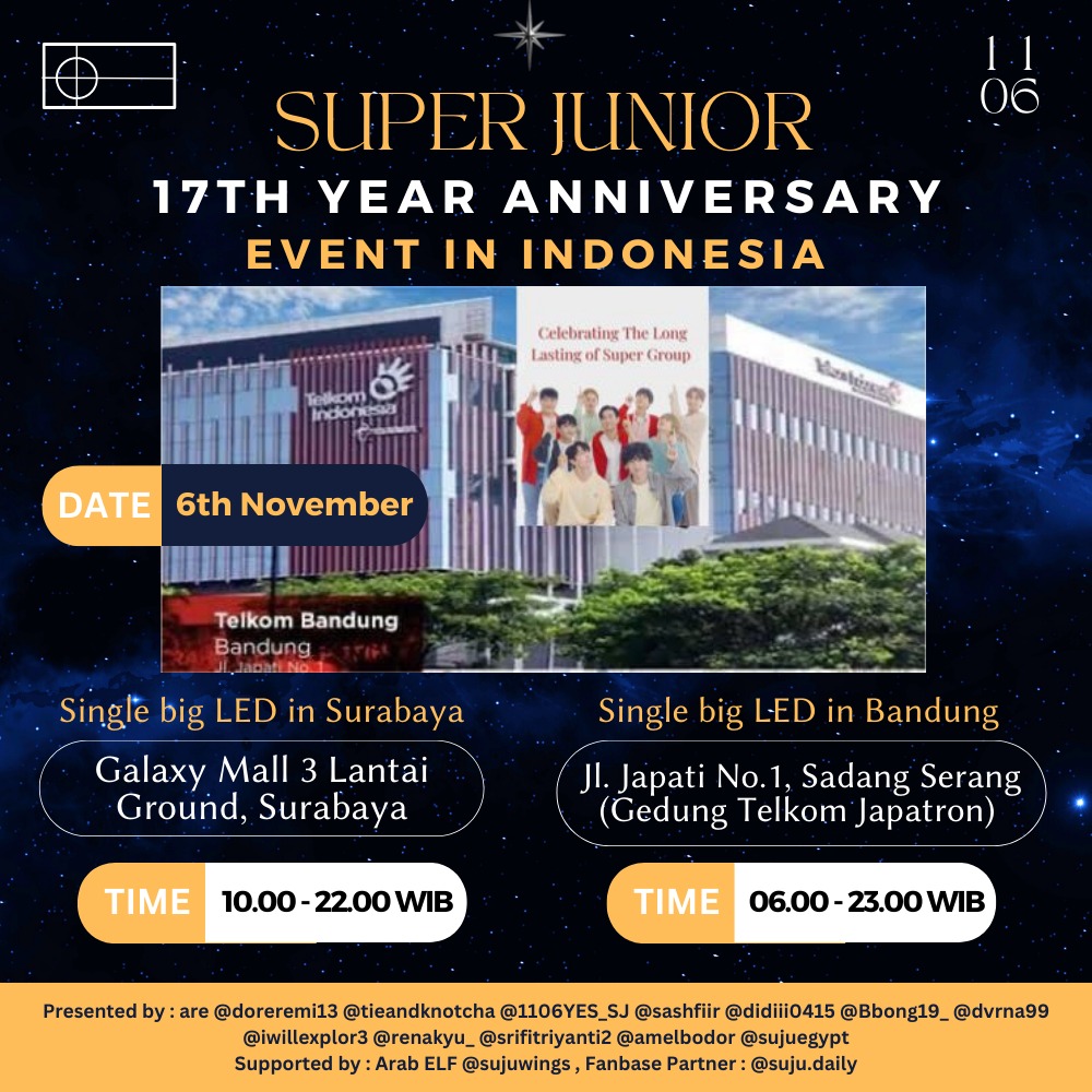 doreremi13's tweet photo. 📆 6th Nov 22
Single Big LED
SBY : Galaxy Mall 3
BDG: Gedung Telkom Japatron

JKT
2 LED &amp; Gathering at Mbloc Space , Jakarta Selatan

Freebies Distribution in Selected Places

Please read the details on the pictures

@siwonchoi #SUPERJUNIOR #SUPERJUNIOR17THANNIVERSARY #슈퍼주니어 https://t.co/0wUwxIMsqD