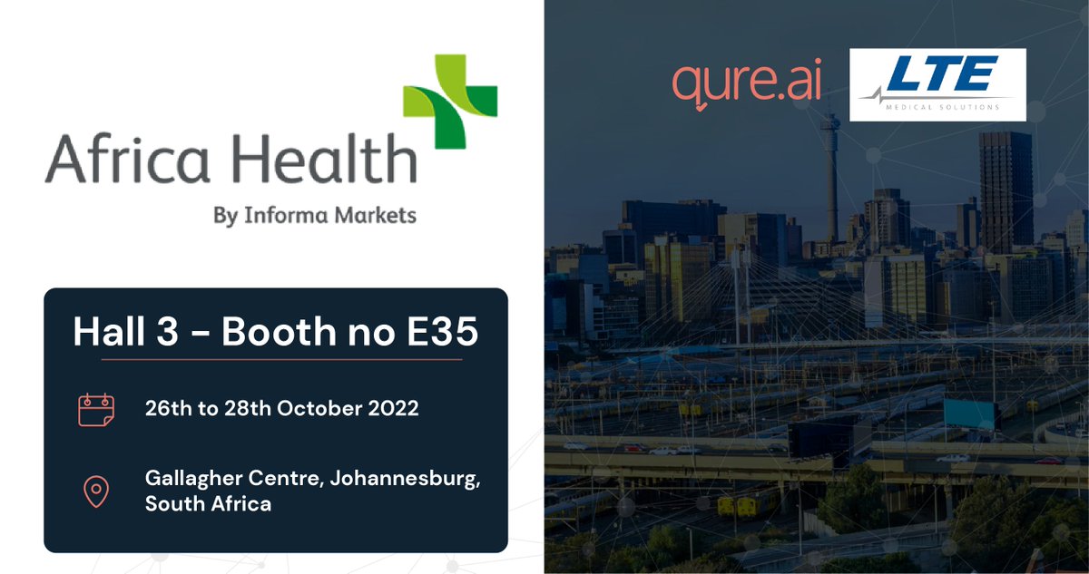qure_ai's tweet photo. 🤝us at the 11th annual @africahealthexb and learn how our #AI products are empowering #healthcare professionals during key moments in their #medical journey from #preventivescreenings, #earlydetection, #emergencycare, institutional #disease response, treatment adherence & more. https://t.co/jhMc9OWsig