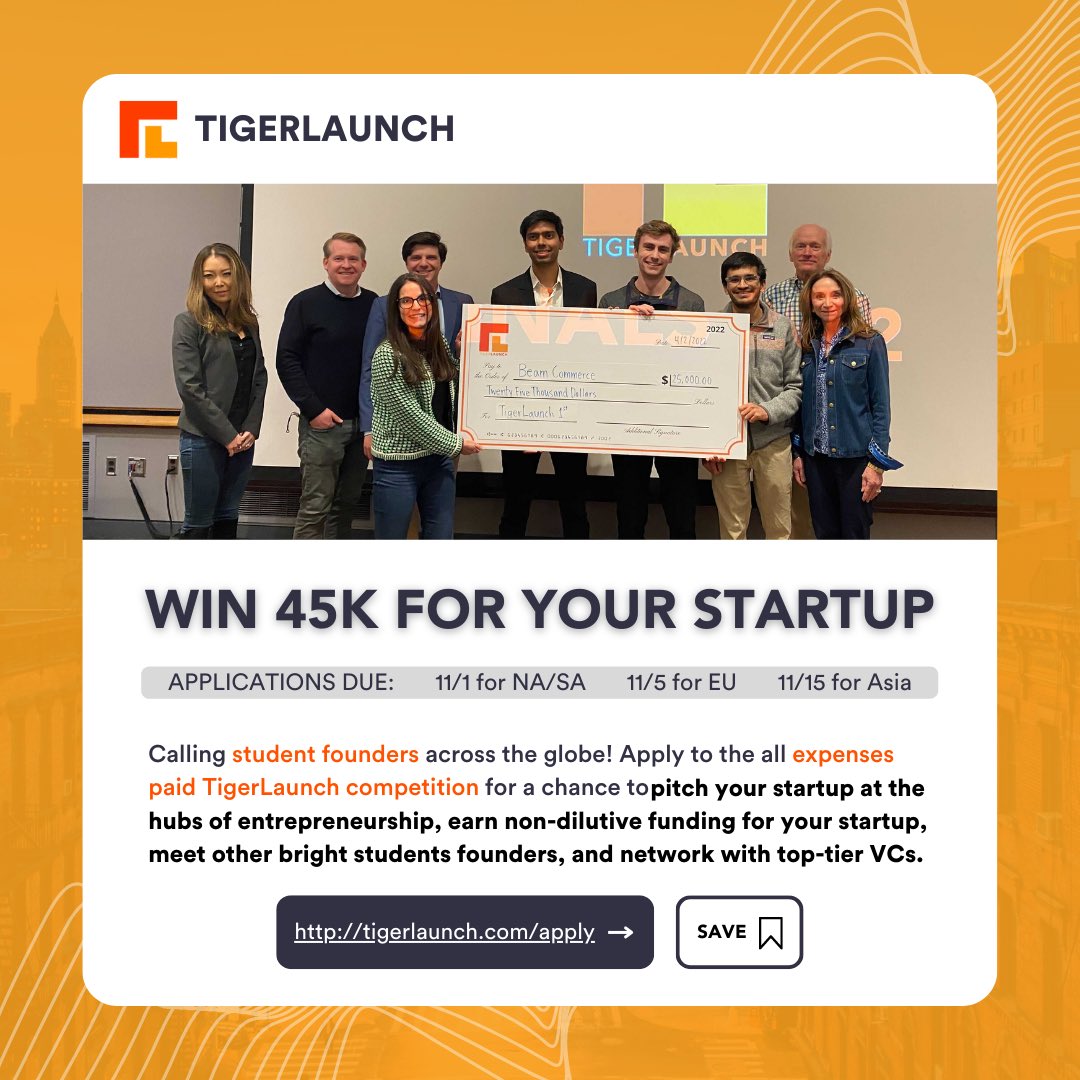 TIGERLAUNCH APPLICATIONS FOR 2022-2023 ARE NOW OPEN!! 🚀🚀🚀

TigerLaunch is the world’s largest student-run entrepreneurship competition. The winner will receive $45,000 in no-strings-attached funding as well as $500,000 in technology credits!

Apply at tigerlaunch.com/apply!