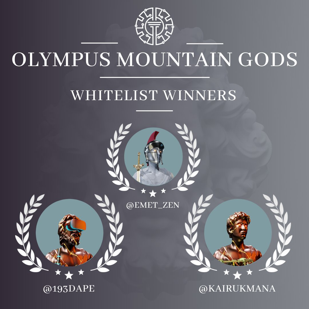𝕎𝕙𝕚𝕥𝕖𝕝𝕚𝕤𝕥 𝕎𝕚𝕟𝕟𝕖𝕣𝕤 🔱

Congratulations @emet_zen @193Dape @KaiRukmana ! You have won a #WL spot in Olympus Mountain Gods! 🏔

DM us to claim!
#NFTs $ETH #Ethereum