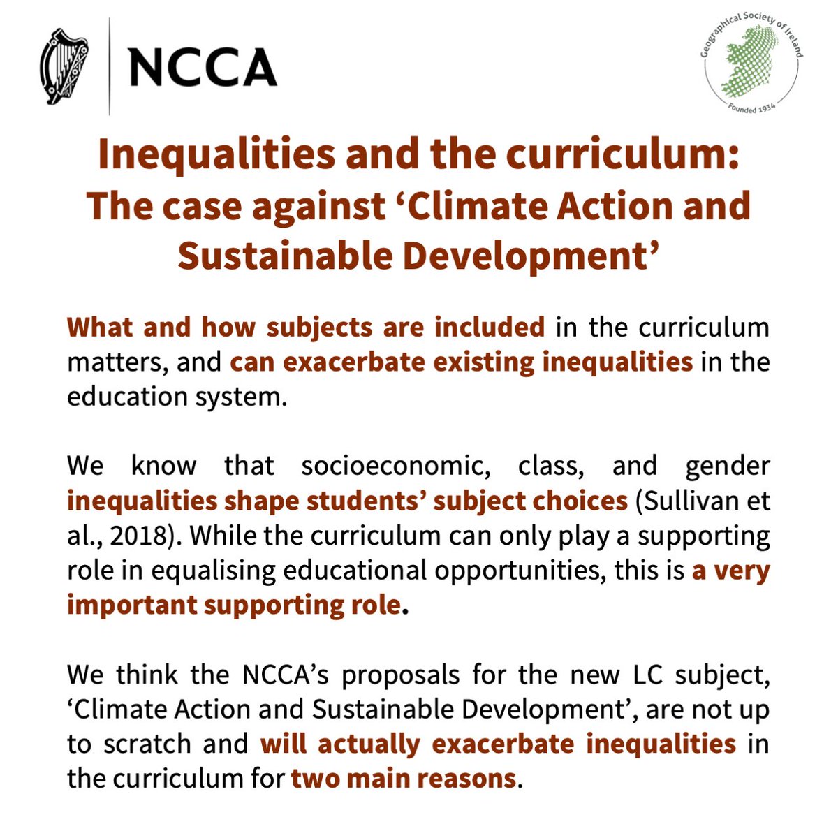 Just 3 days left to comment on NCCA plans for a new LC subject. We #lovegeography, and think it's a better bet for teaching on #ClimateAction and #Sustainability.

Good curricular planning helps equalise education - the NCCA's plans exacerbate inequality in 2 main ways 🧵
1/4