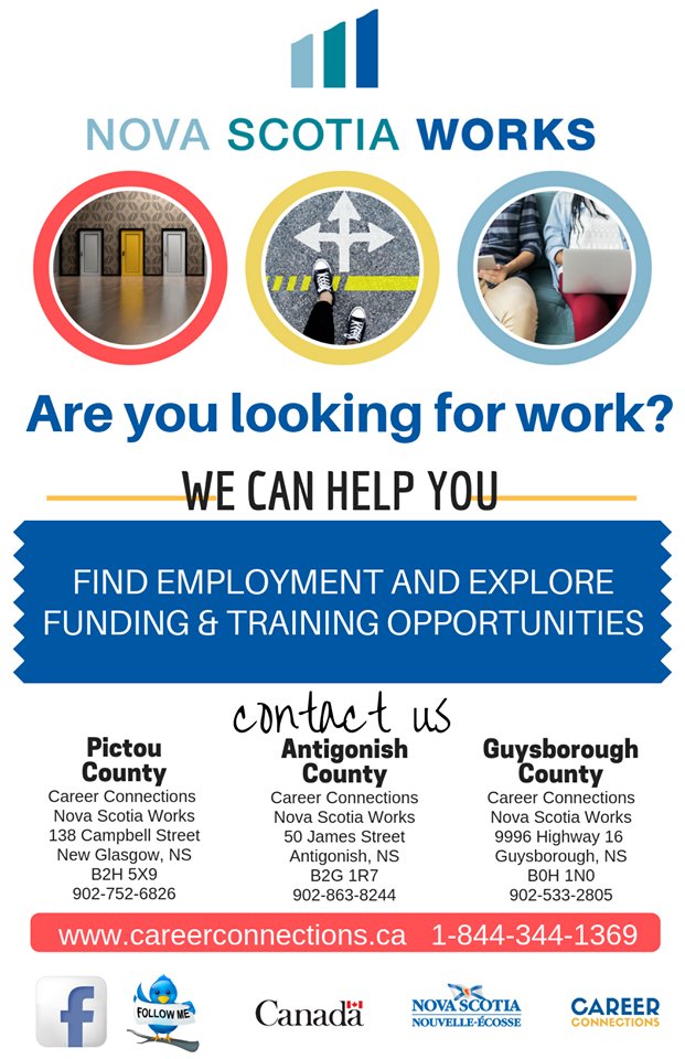 Are you looking for work? We can help you! 
Find employment and explore funding &amp; training opportunities! 
Call us at toll free 1-844-344-1369! 
<a href="/nsworksonline/">Nova Scotia Works</a> <a href="/NS_LabourSkills/">Labour, Skills and Immigration</a>