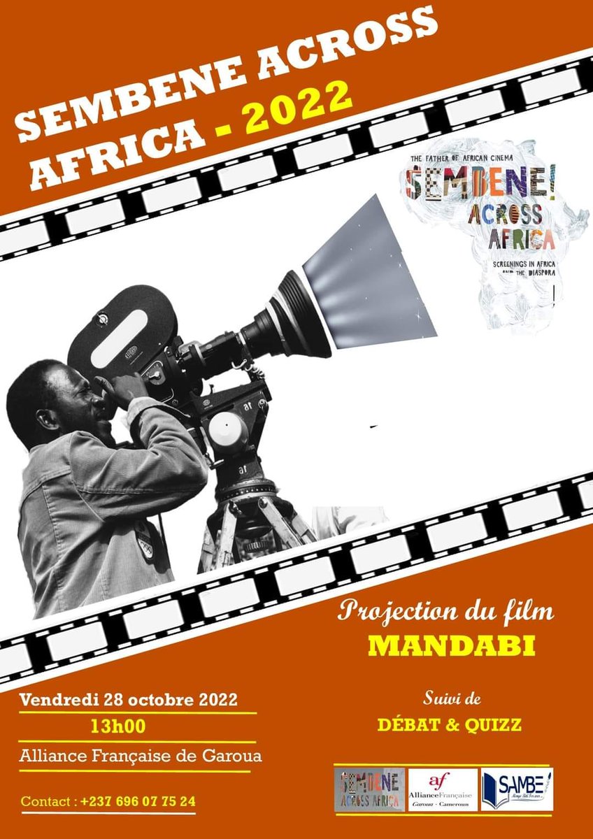 AfGaroua's tweet photo. 🎯 Cinéma : SEMBENE à travers l'Afrique !
Ce vendredi 28 Octobre à 13h00, nous vous invitons à venir assister à la projections du film MANDABI, de Sembene Ousmane 🎥🎬
Rejoignez nous et ensemble célébrons le Père du cinéma africain 🚀
#SembeneAcrossAfrica
#Sambe
#SembeneOusmane https://t.co/lj1hBfE4Es