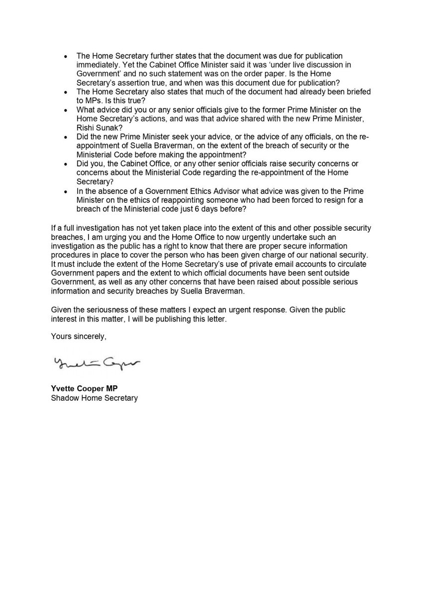 The Home Secretary admitted sending official Govt documents to those not authorised to receive them. Was this the only time? Home Secretary is responsible for national security. Breaches & security lapses need to be investigated. My letter to Cabinet Secretary Simon Case