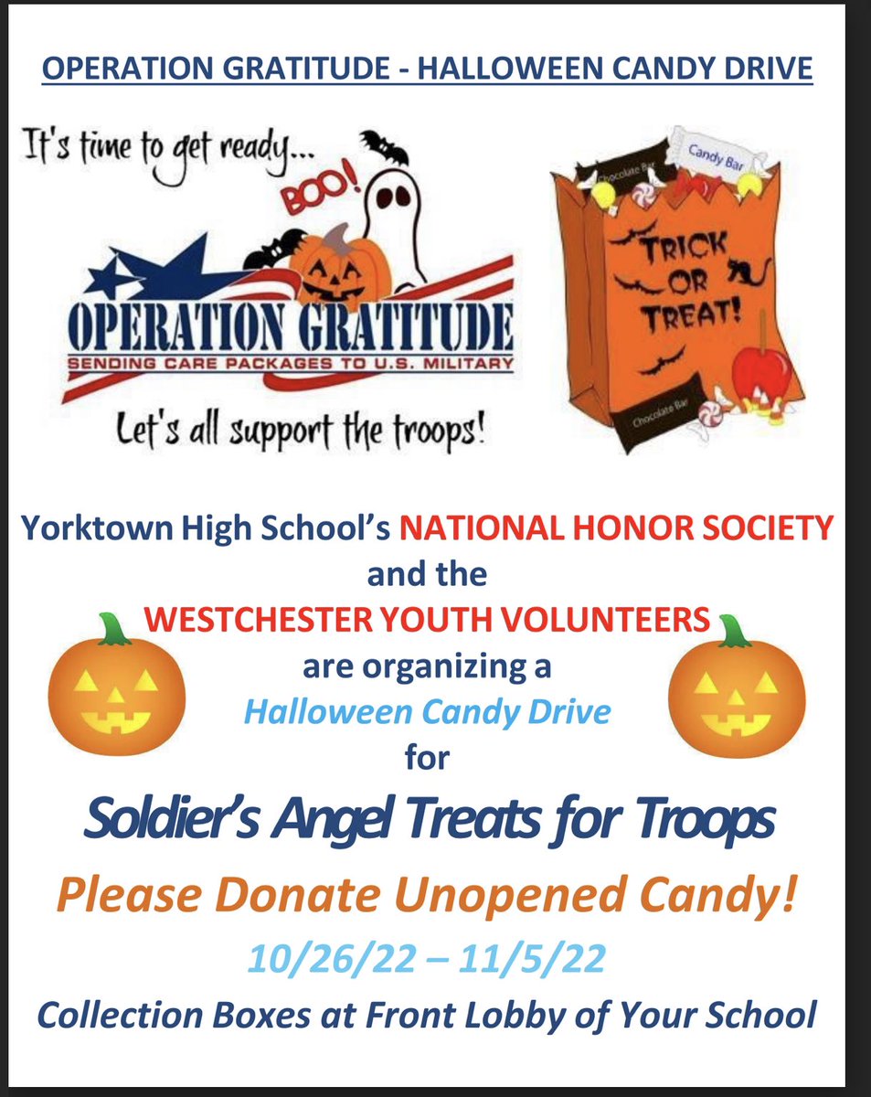 Marie Horowitz (@mesmshorowitz) on Twitter photo Join the YHS National Honor Society in Soldier’s Angel Treats for troops. Boxes will be in school lobbies. 10/26 - 11/5 <a href="/YorktownCSD/">YorktownCSD</a> <a href="/YHSDeGennaro/">Mr. Joseph DeGennaro</a> <a href="/mesmspta/">MESMSPTA</a> <a href="/SeptaYorktown/">YorktownSEPTA</a> <a href="/MESMSCopeland/">Michele F. Copeland</a> <a href="/RonHattar/">Dr. Ron Hattar</a> <a href="/YHSPTSA/">YHS PTSA</a> Join the YHS National Honor Society in Soldier’s Angel Treats for troops. Boxes will be in school lobbies. 10/26 - 11/5 <a href="/YorktownCSD/">YorktownCSD</a> <a href="/YHSDeGennaro/">Mr. Joseph DeGennaro</a> <a href="/mesmspta/">MESMSPTA</a> <a href="/SeptaYorktown/">YorktownSEPTA</a> <a href="/MESMSCopeland/">Michele F. Copeland</a> <a href="/RonHattar/">Dr. Ron Hattar</a> <a href="/YHSPTSA/">YHS PTSA</a>