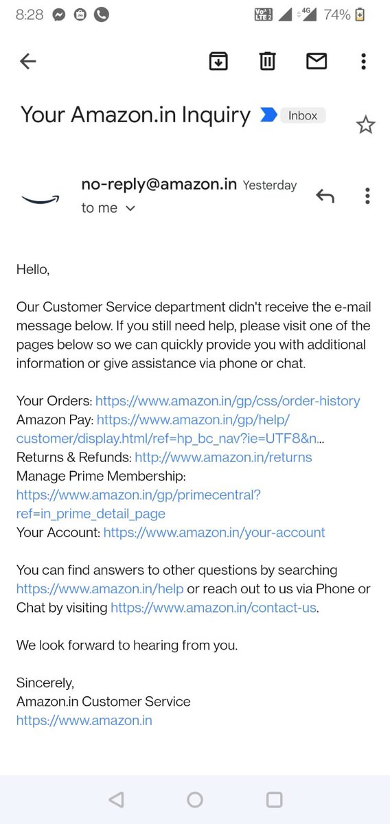 ChatteringNia's tweet photo. @AmazonHelp @amazonIN When I replied to this email. Which was instantly, I received the following email. I waited hoping I shall receive the phone but I guess I shall have to let that go as a lovely dream. #NeverParticipate in @amazonIN #contest .. https://t.co/GKEQPWS0W1
