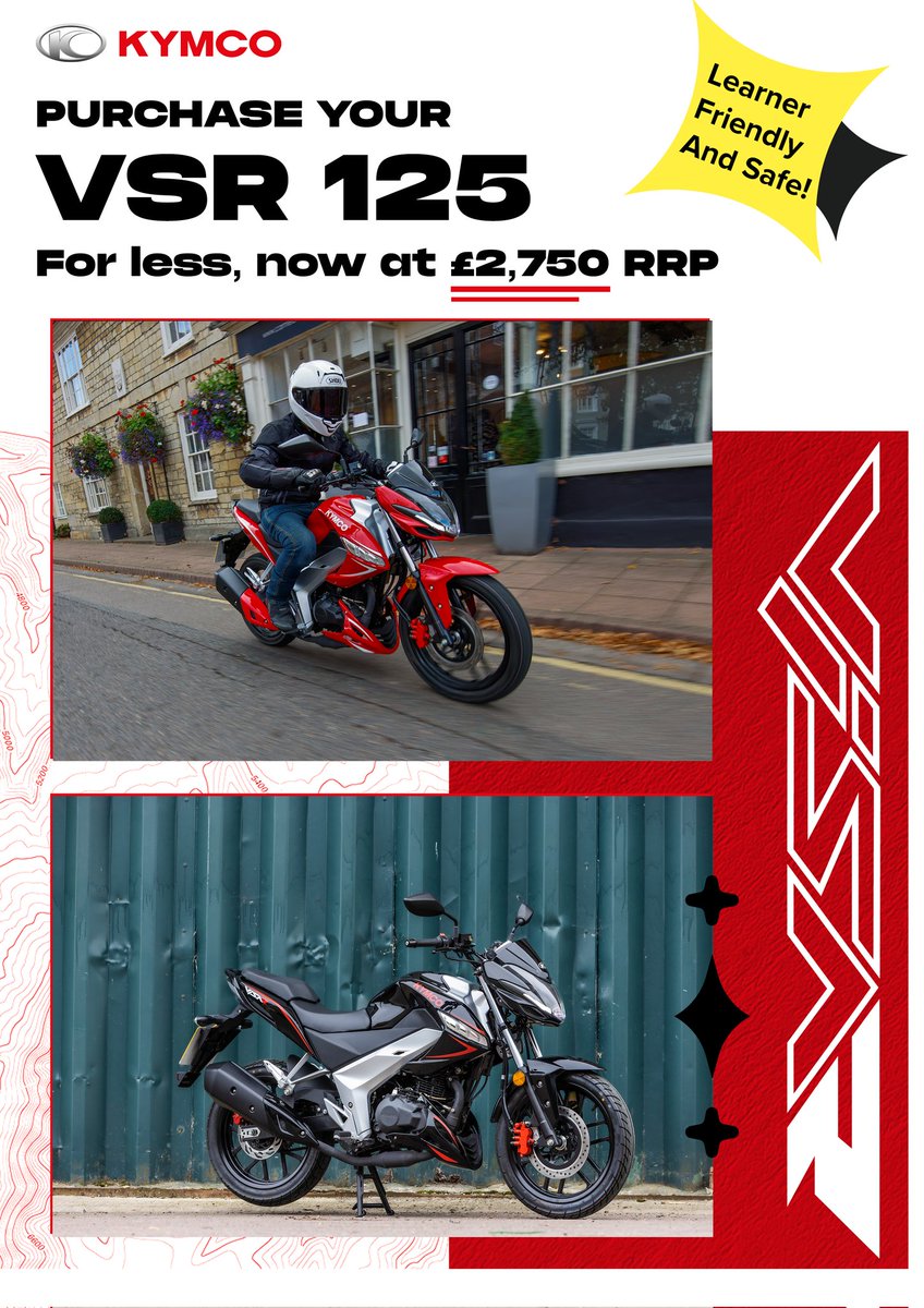 KymcoUK's tweet photo. The exceptional VSR 125
Now only ยฃ2,750 ๐จ
#KYMCO #UKRiders #125cc #Motorcycle #Motorbikes #Petrol #twowheel #safety #learnerfriendly #ride #riderhealth https://t.co/SdTuCMv1dn