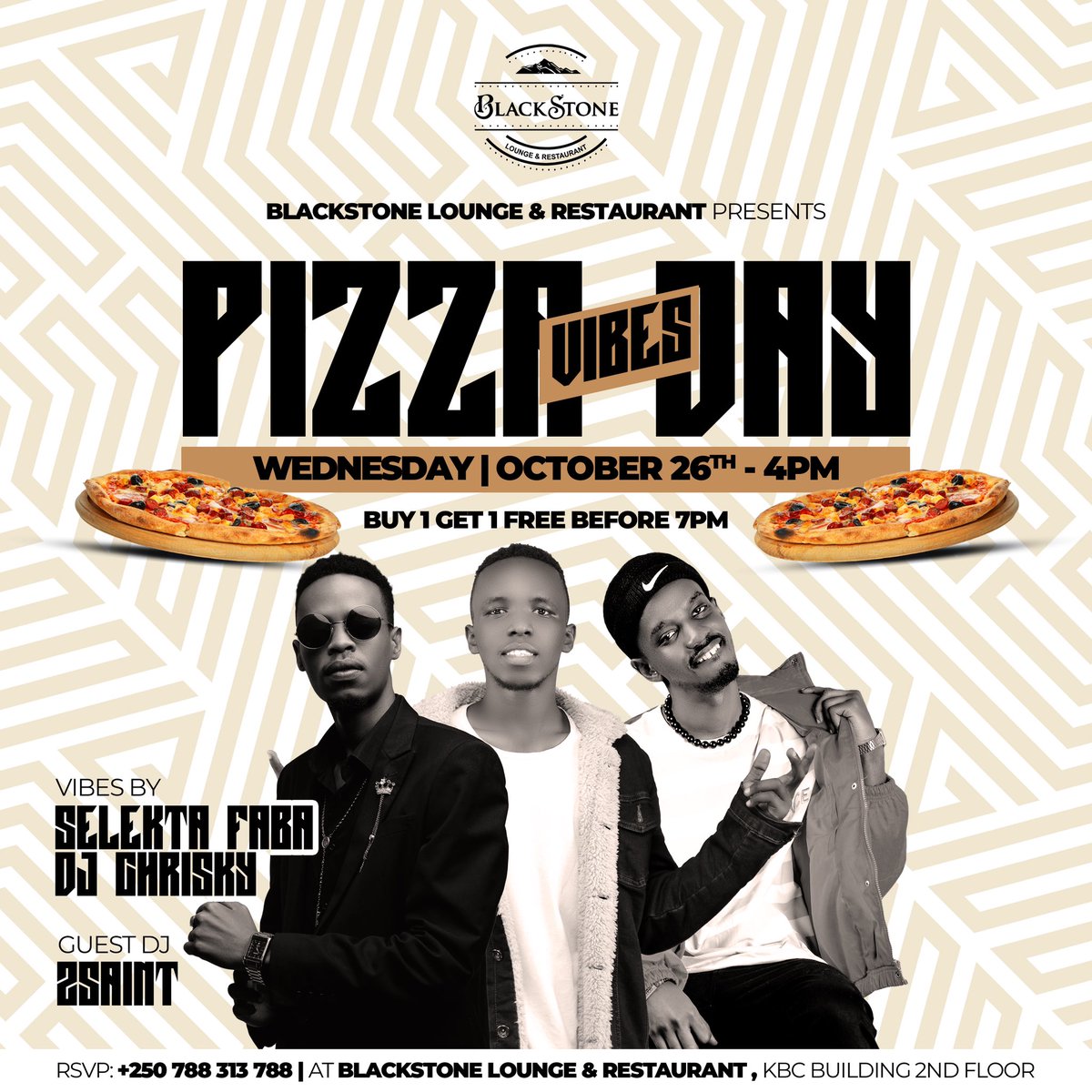KigaliLounge's tweet photo. #PizzaDayVibes Wednesday🔥🔥💃
•
BLACKSTONE LOUNGE House Deejay @FabaSelekta is pulling up with major guests #tonight 🔥
•
Let everybody know!🤩
SEND IN YOUR #Pizza ORDERS 🍕🍕 +250 788 313 788 🚨
#YouKnowTheSpot https://t.co/jDH6NkJU2y