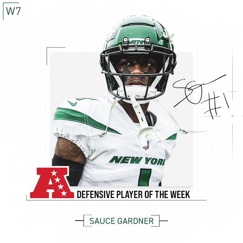 nyjets's tweet photo. H1M

@iamSauceGardner is your AFC Defensive Player of the Week!!