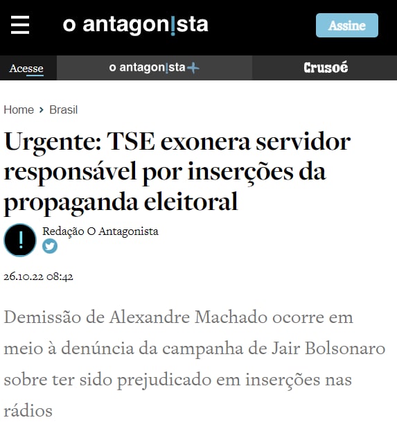 saulchristos's tweet photo. TSE acaba de exonerar Alexandre Gomes Machado, o servidor que coordenava o Pool de Emissoras que recebia os arquivos com as inserções eleitorais nas rádios. https://t.co/8Gz267CIOE