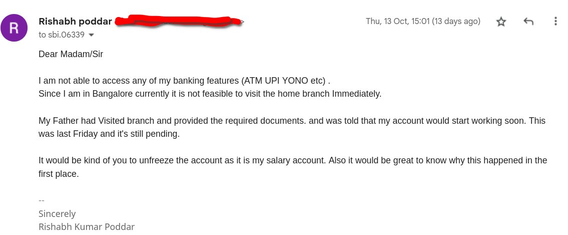 rishabhpoddar01's tweet photo. @TheOfficialSBI  I am not able to access my account from over 20 days now. My father reached to home branch i sent out a mail but did not get any response. would appreciate   if action was promptly taken https://t.co/3HqheTaZDX