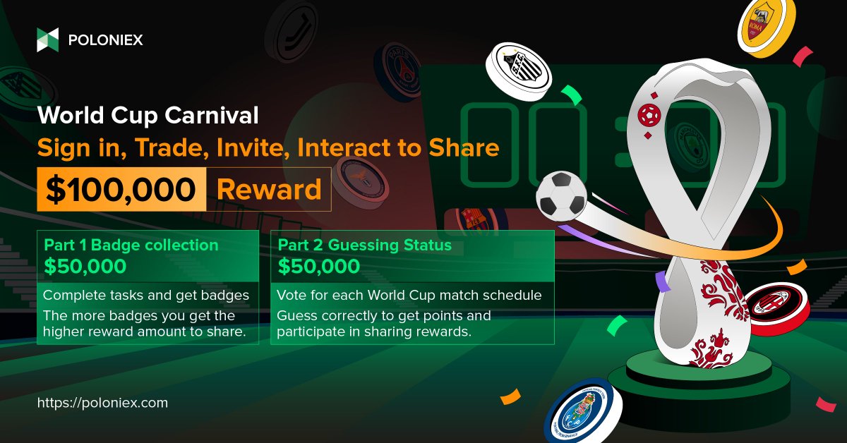 Poloniex's tweet photo. ⚡️🚨 Share 100 USDT! 🚨⚡️

⚽️ Follow @Poloniex

⚽️ RT &amp; Tag 3 friends

⚽️ Click the World Cup Carnival link with $100,000 prize pool!🎁
👉https://t.co/QZ7Slh3TSN

📅On November 3rd, we will announce 10 winners https://t.co/reQ3wwF0M4