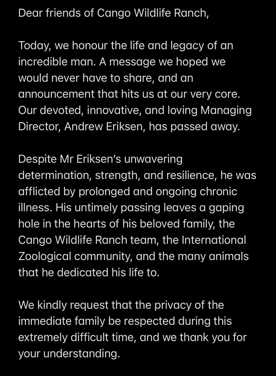 cangowranch's tweet photo. Dear friends of Cango Wildlife Ranch,

Today, we honour the life and legacy of an incredible man. Our devoted, innovative, and loving Managing Director, Andrew Eriksen, has passed away. https://t.co/1q5gXjBddu