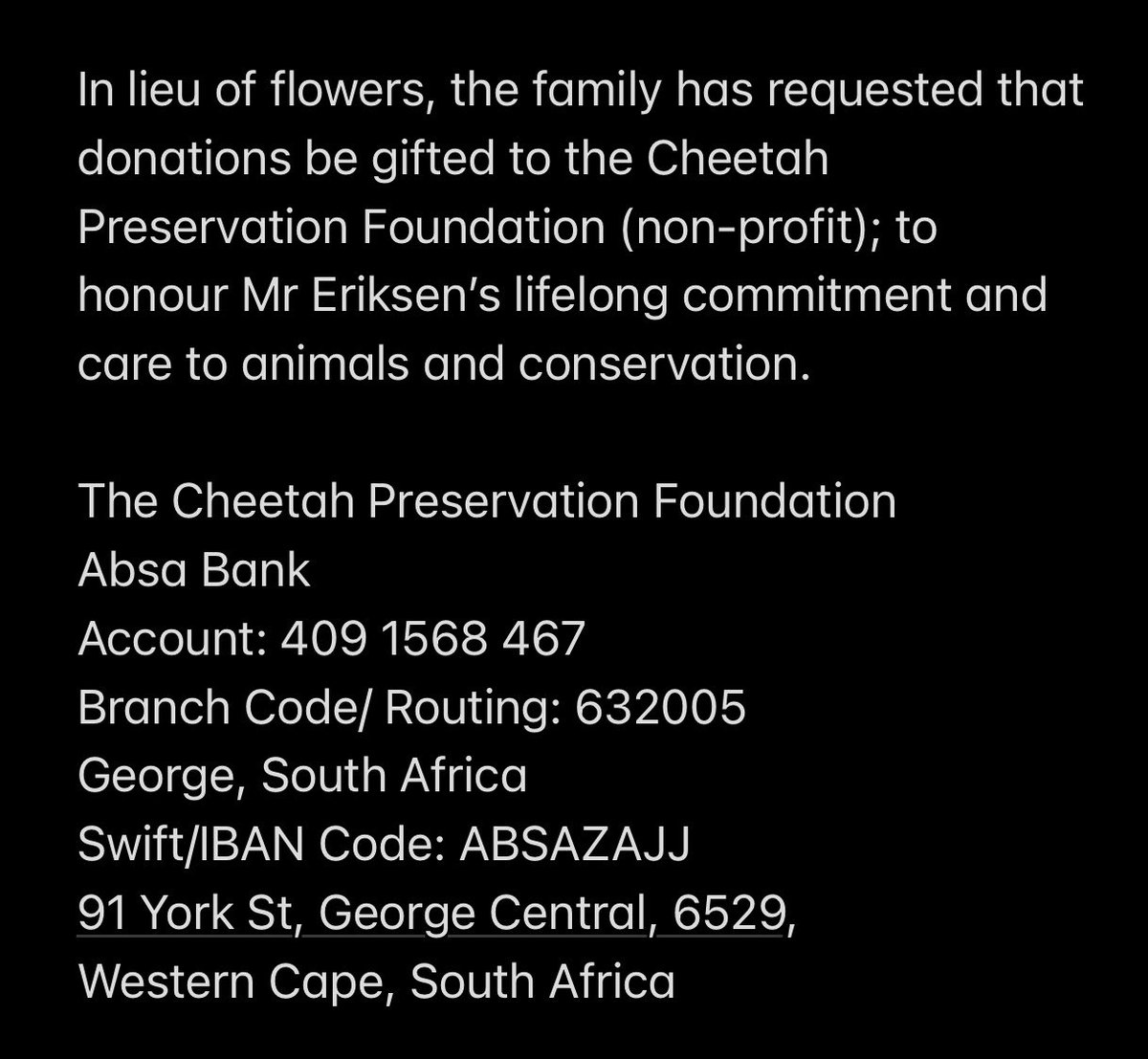 cangowranch's tweet photo. Dear friends of Cango Wildlife Ranch,

Today, we honour the life and legacy of an incredible man. Our devoted, innovative, and loving Managing Director, Andrew Eriksen, has passed away. https://t.co/1q5gXjBddu