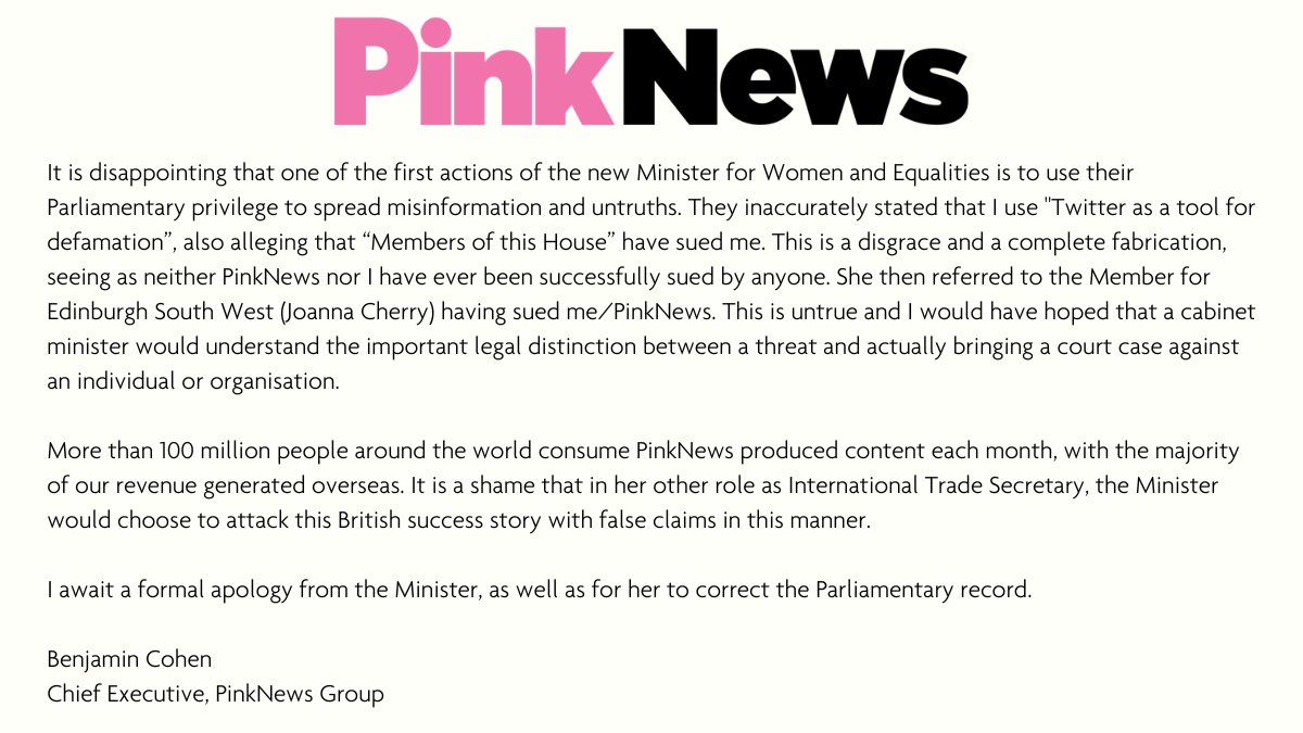 A statement following Kemi Badenoch’s use of Parliamentary privilege to spread misinformation about both myself and @PinkNews. I’ll await an apology and a correction to the Parliamentary record.