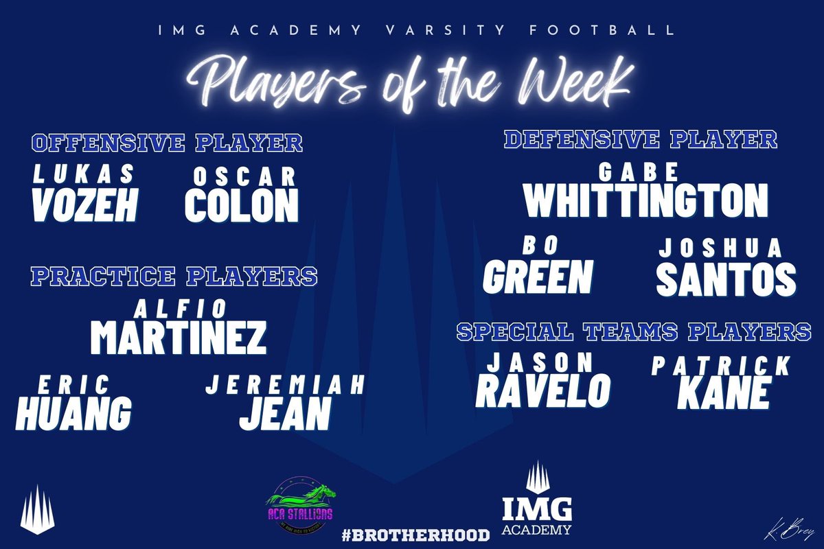 IMG Varsity Football Program

🏅Players of the Week🏅
FHSAA #9

<a href="/IMGAFootball/">IMG Academy Football</a> #Brotherhood
