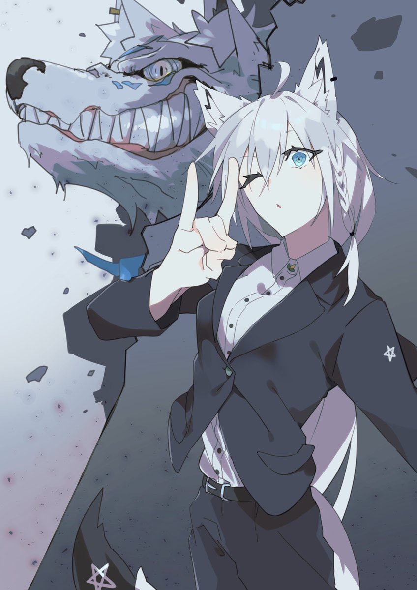 shirakami fubuki 1girl animal ears fox ears tail one eye closed pants white hair  illustration images