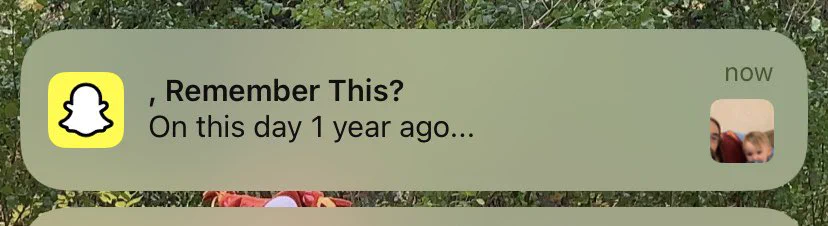 Screenshot of an iOS notification from the Snapchat app, with the title starting with a comma as if my name was blank, “, Remember this?”, and the body text “On this day 1 year ago…”.
