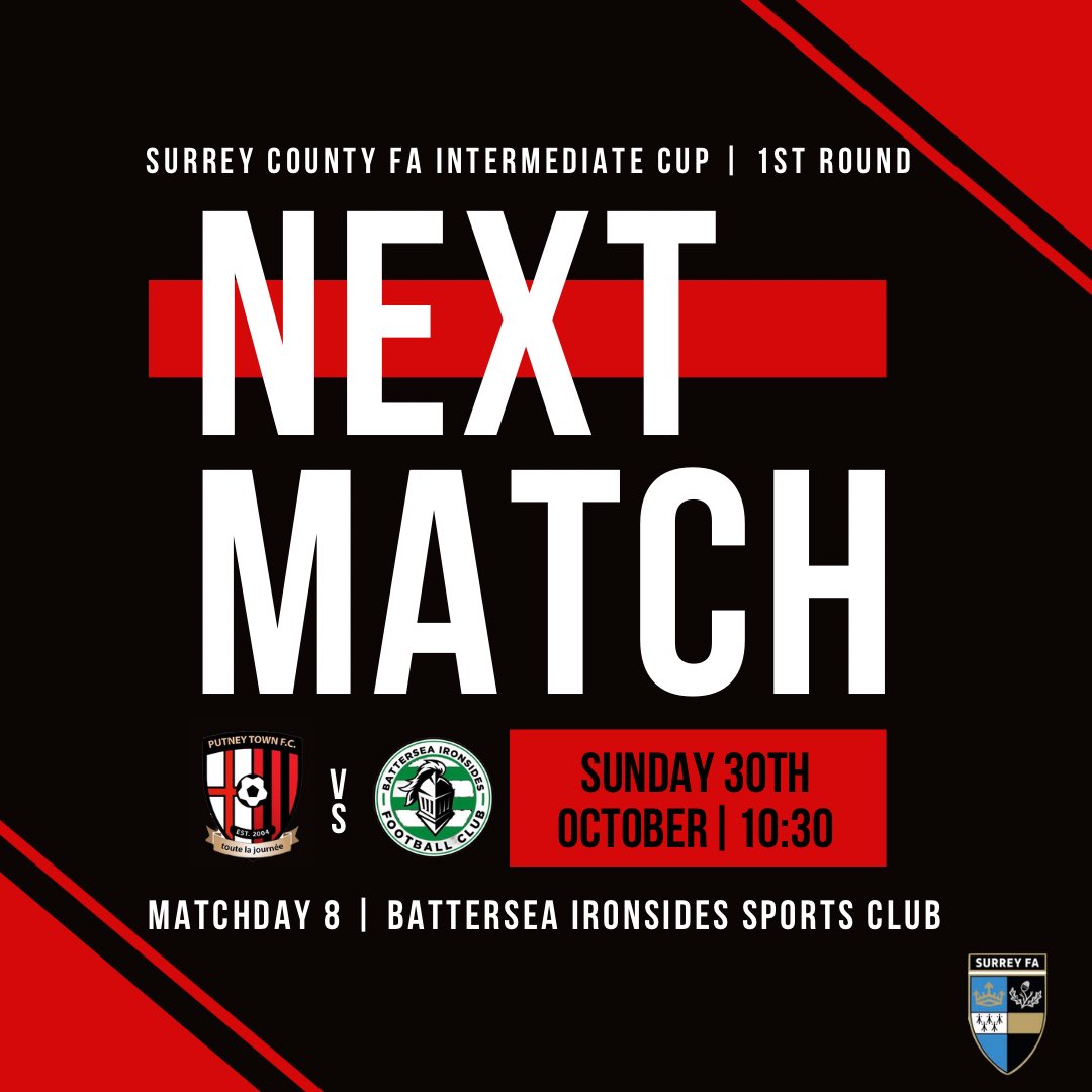 Putney Town FC (@putneytown) on Twitter photo ๐๐๐ญ๐ฉ ๐๐๐ฉ๐๐โฆ
Weโre in cup action once again this time in the <a href="/surreyfa/">Surrey FA</a> Intermediate Cup #PTFC ๐ดโซ๏ธ
๐ <a href="/ironsides_fc/">Battersea Ironsides FC Sunday</a>
๐ Sunday 30th October
โฐ KO: 10:30am
๐ Battersea Ironsides Sports Club, SW17 0AW
๐ <a href="/surreyfa/">Surrey FA</a> Intermediate Cup, 1st Round ๐๐๐ญ๐ฉ ๐๐๐ฉ๐๐โฆ
Weโre in cup action once again this time in the <a href="/surreyfa/">Surrey FA</a> Intermediate Cup #PTFC ๐ดโซ๏ธ
๐ <a href="/ironsides_fc/">Battersea Ironsides FC Sunday</a>
๐ Sunday 30th October
โฐ KO: 10:30am
๐ Battersea Ironsides Sports Club, SW17 0AW
๐ <a href="/surreyfa/">Surrey FA</a> Intermediate Cup, 1st Round