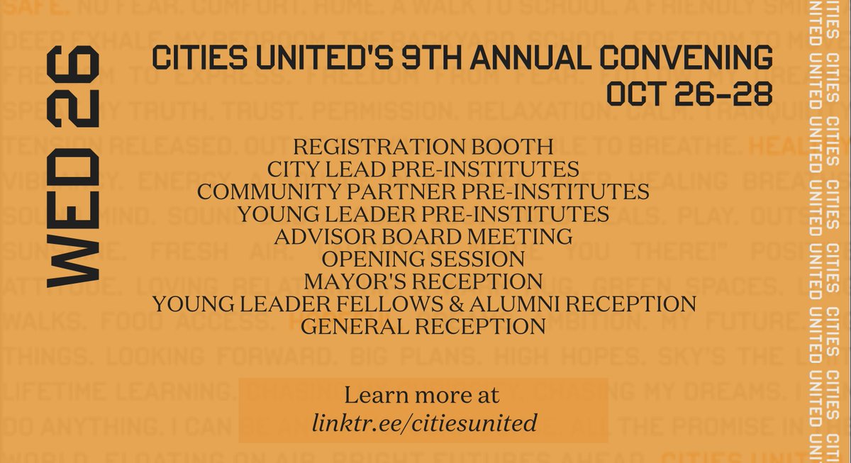 CitiesUnited's tweet photo. Welcome to Day 1 of the 9th Annual Convening!
This day is full of opportunities to get to know other members of our network. See you there!
Learn more at https://t.co/4PGwPz84O5 https://t.co/9lmQwxQeua