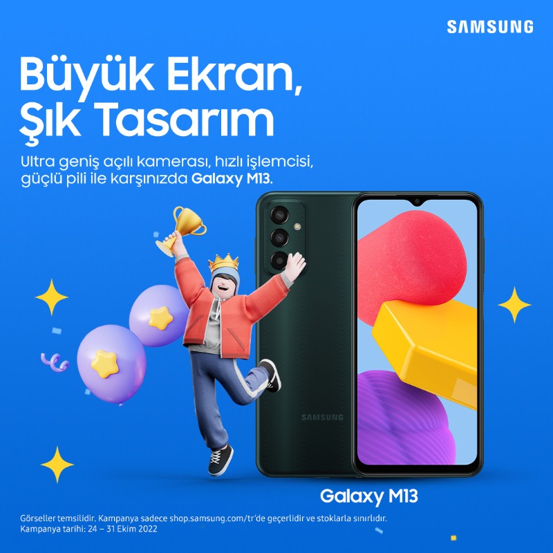 SamsungTurkiye's tweet photo. Samsung Week Galaxy M13’le muhteşem geçecek!

Ultra geniş açılı kamera
Hızlı işlemci
Güçlü batarya

Hepsi Galaxy M13’te bir araya geldi bu hafta seni bekliyor!