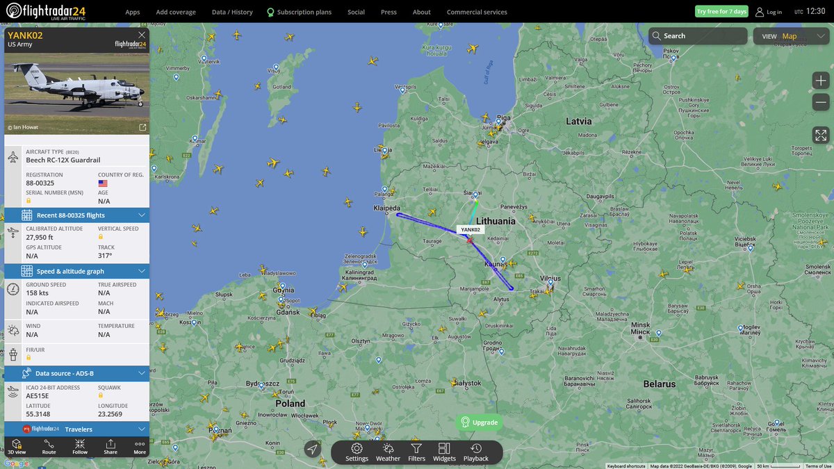 AIYeyENGDdJkjTr's tweet photo. Oct. 26, 2022
#Siauliai #Kaliningrad #Lithuania-Belarus border
#YANK02 #AE515E US Army RC-12X Guardrail https://t.co/gtK496PFHD