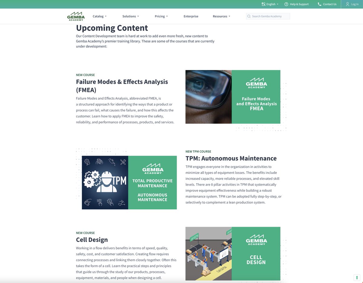 GembaAcademy's tweet photo. 🚧 Interested in what's under development at Gemba Academy? Click the link to visit our Upcoming Content page and see what we're working on! 
🔗 https://t.co/NASOHrWPZT

#newtraining #newcourses #upcomingcontent #leantraining #leanmanufacturing #LeanSixSigma https://t.co/n6QSVgTgCl