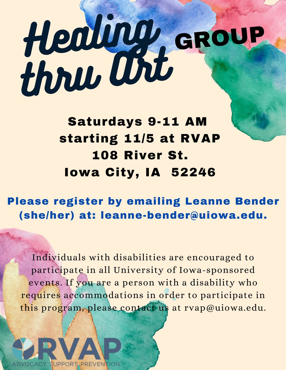 RVAPiowa's tweet photo. We’re starting a new support group on 11:5! We will use art &amp; our creative outlets to process while learning about empowerment, &amp; strategies for setting &amp; maintaining emotional, physical, &amp; relationship boundaries.

Email Leanne (she/her) at leanne-bender@uiowa.edu to register. https://t.co/8GjYqs7QIn