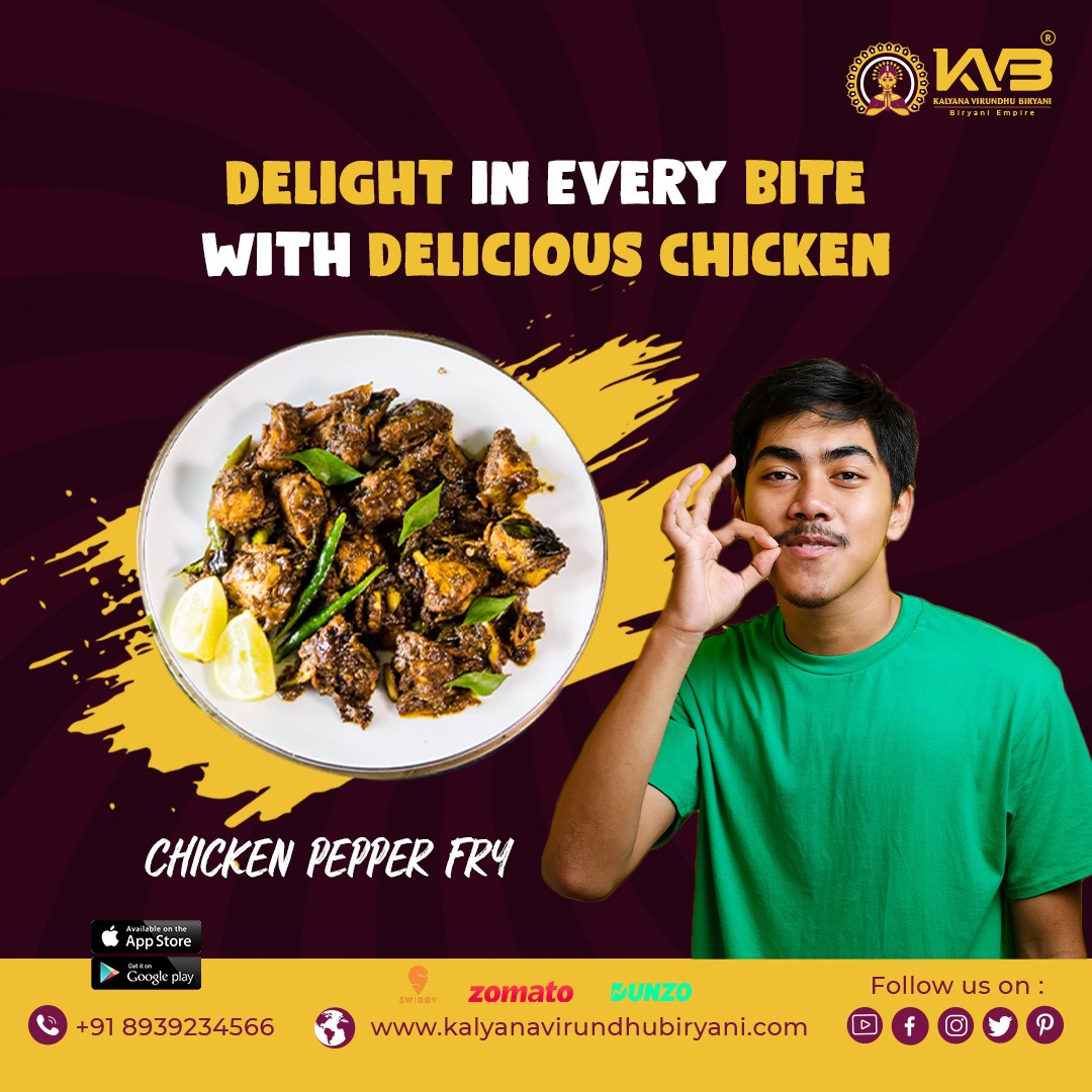 We are making great food with a delicious flavour and aroma. We welcome you all to taste the ''CHICKEN PEPPER FRY'' in Kalyana Virundhu Biryani. 

Online Order: kalyanavirundhubiryani.com

#biryanichennai #onlineorderchennai #chickenpepperfry #kalyanavirundhubiryani